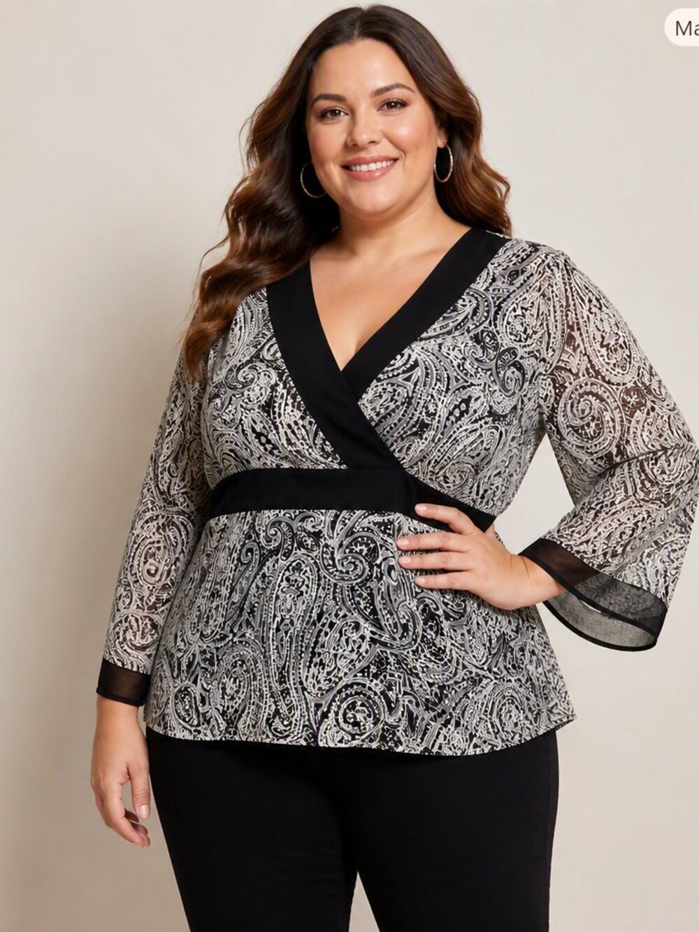 Zoey & Beth Black & White Paisley Wrap‑Front Blouse with Back Tie – Size 2X EUC